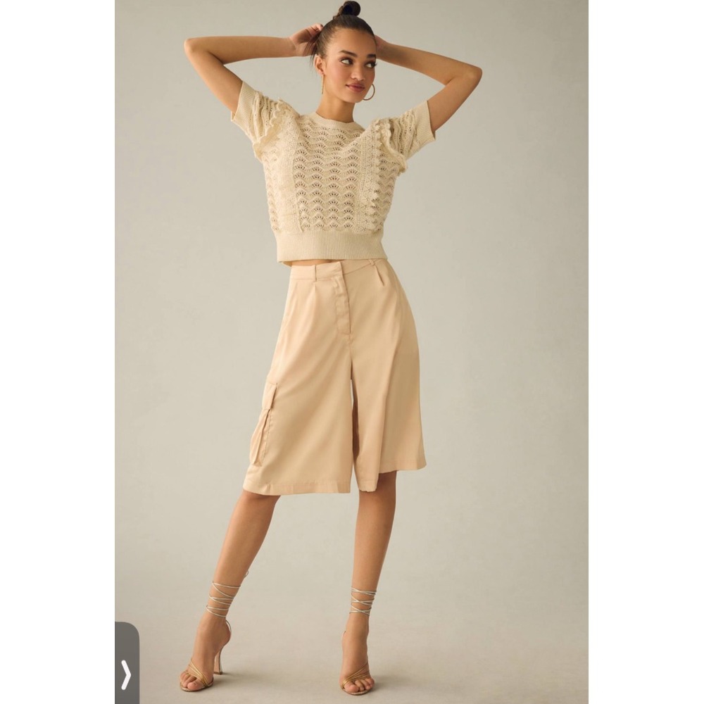 Anthropologie Kachel Shimmer Crochet Short Sleeve Sweater Size Small Offwhite - Picture 7 of 11